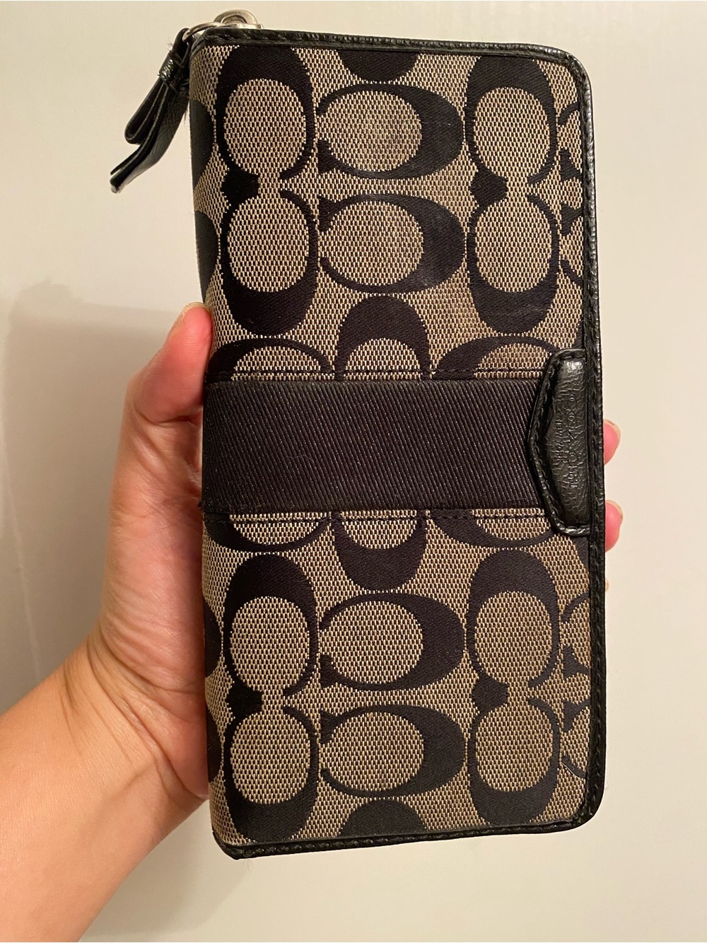 Coach Signature Canvas Zip Phone Wallet in Black and Tan